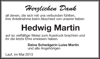 Traueranzeige von Hedwig Martin von Pegnitz-Zeitung